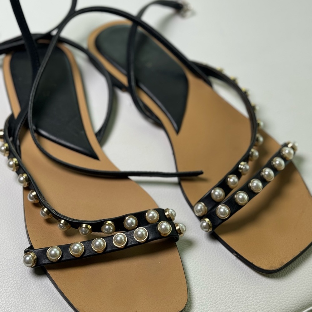 Zara Elegant Black Pearl-Embellished Sandals